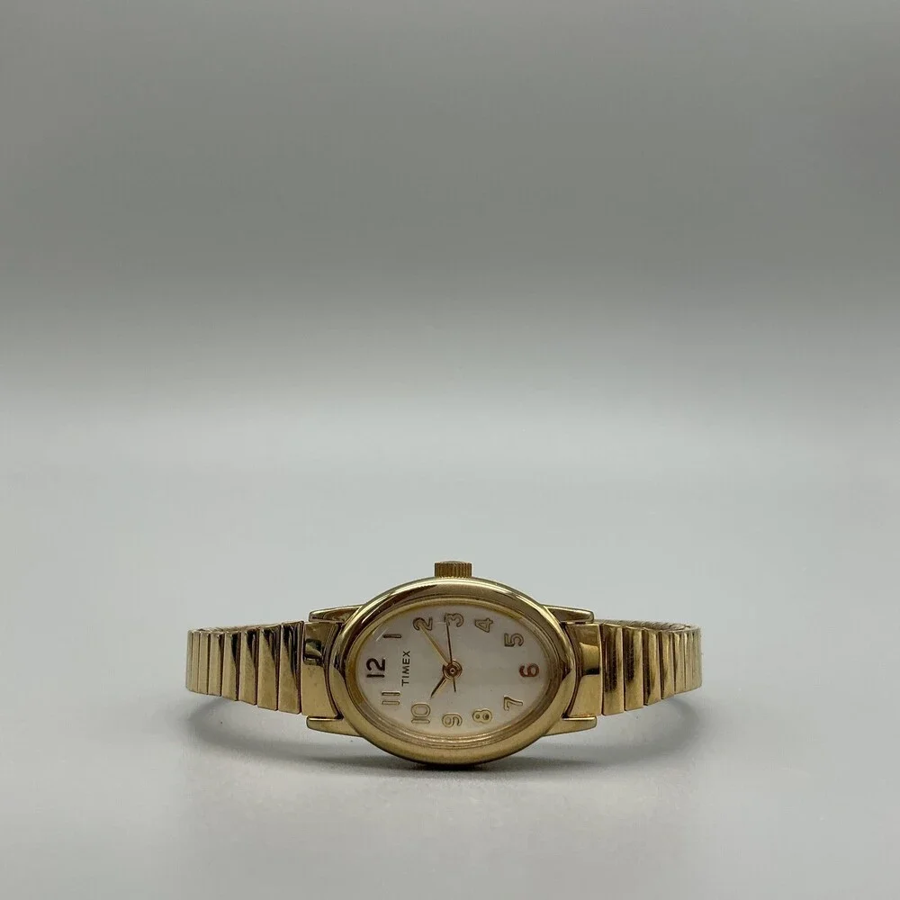Timex Womens Watch 18mm Champagne Dial Gold Tone Oval Stretch Band New Battery